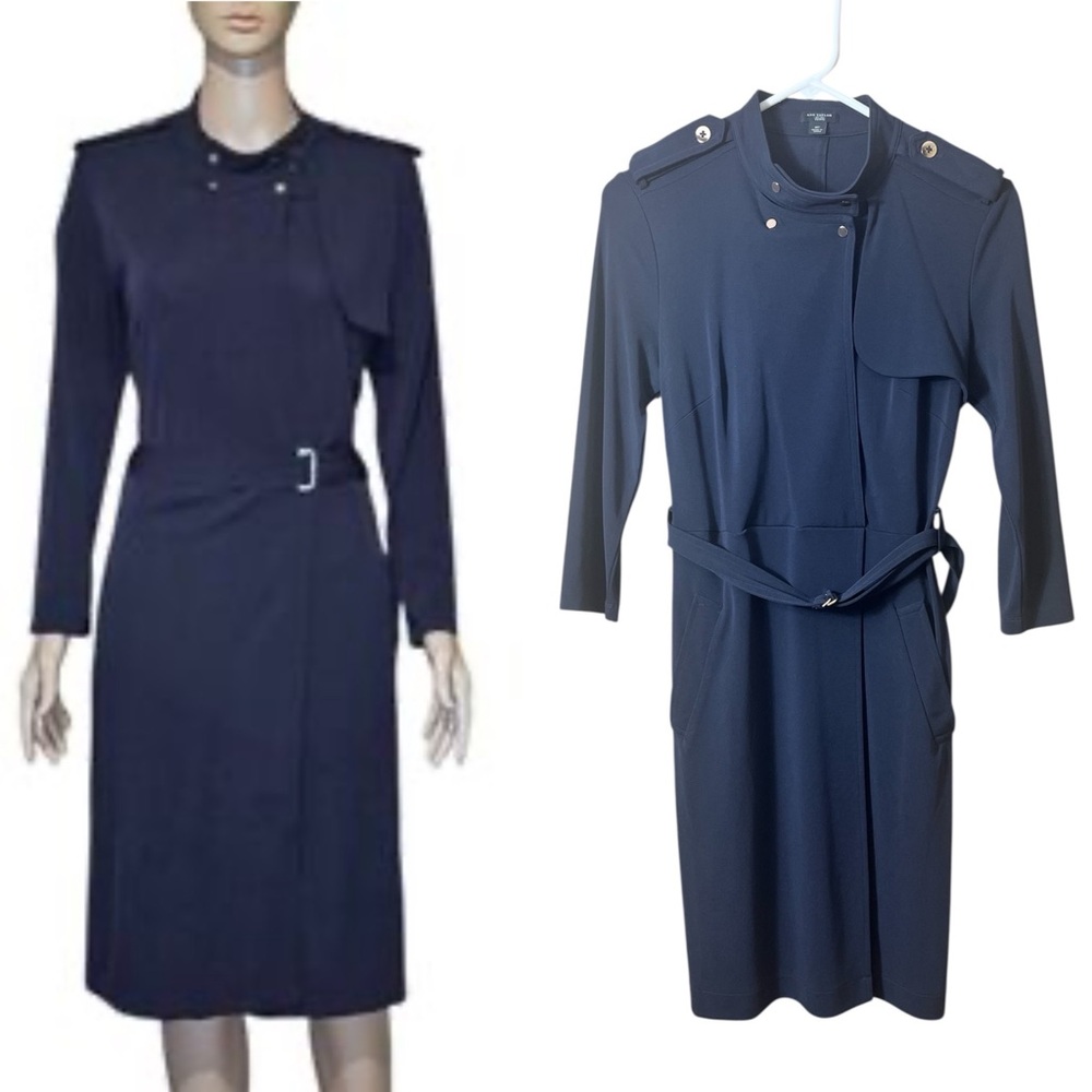 Ann Taylor Navy Military Style Midi Dress Belted Sheath Petite 8P Workwear Chic